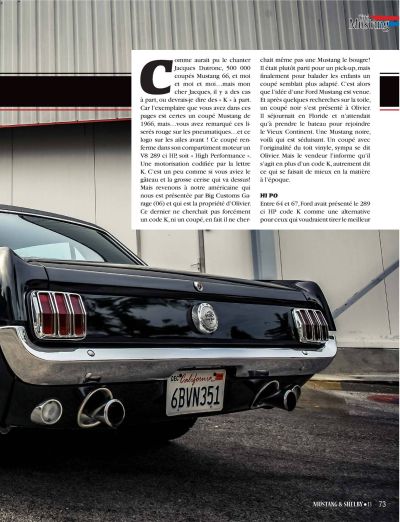 Voiture américaine, magazine Mustang & Shelby #13, BIG dans la presse, voiture américaine année 60, Ford Mustang 1966 Coupé GT 289 Code K